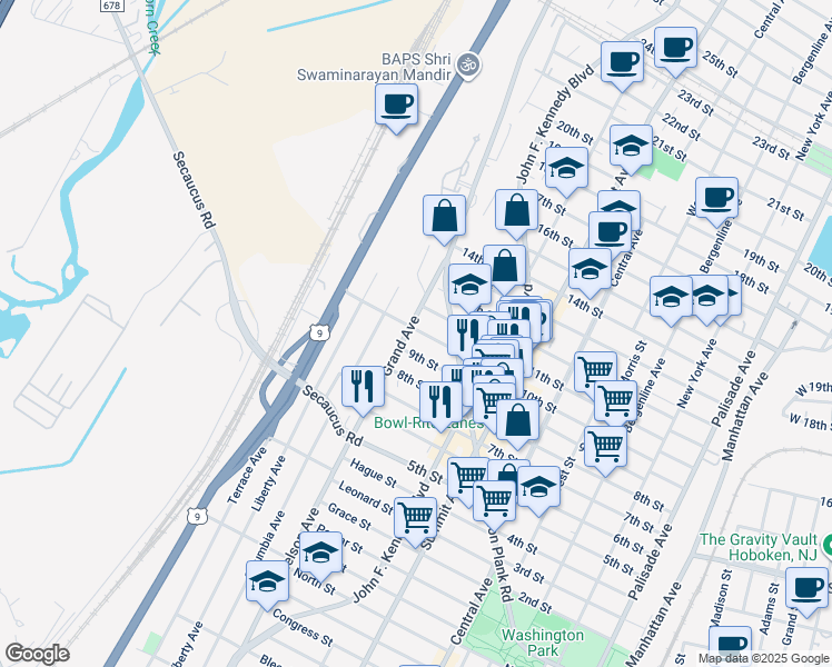 map of restaurants, bars, coffee shops, grocery stores, and more near 1316 9th Street in North Bergen
