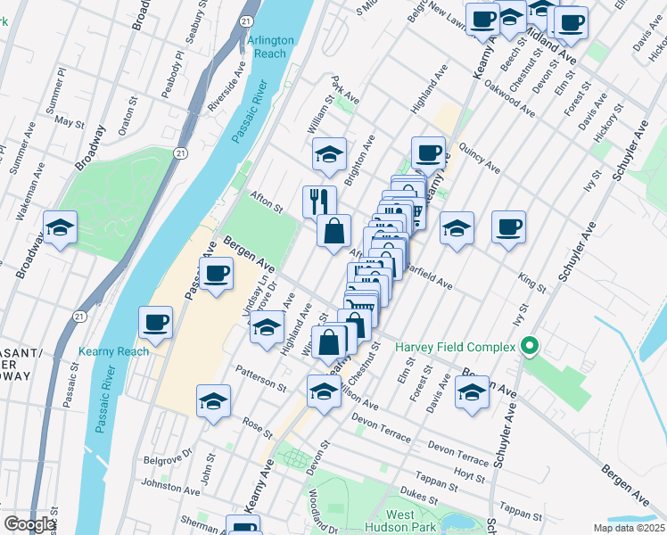 map of restaurants, bars, coffee shops, grocery stores, and more near 92 Windsor Street in Kearny