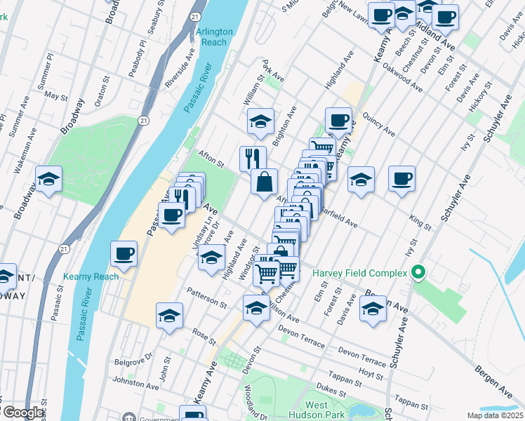 map of restaurants, bars, coffee shops, grocery stores, and more near 227 Highland Avenue in Kearny