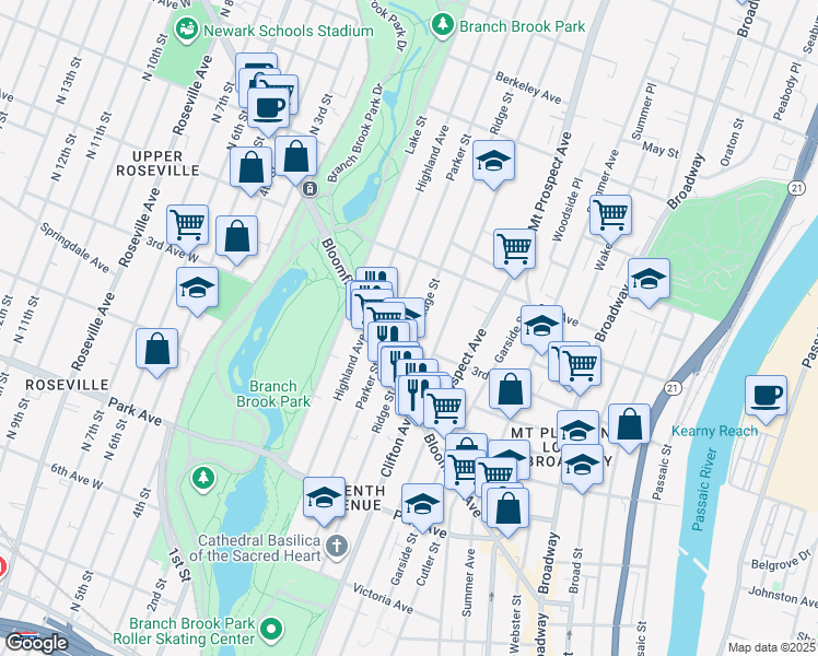 map of restaurants, bars, coffee shops, grocery stores, and more near 228 Ridge Street in Newark