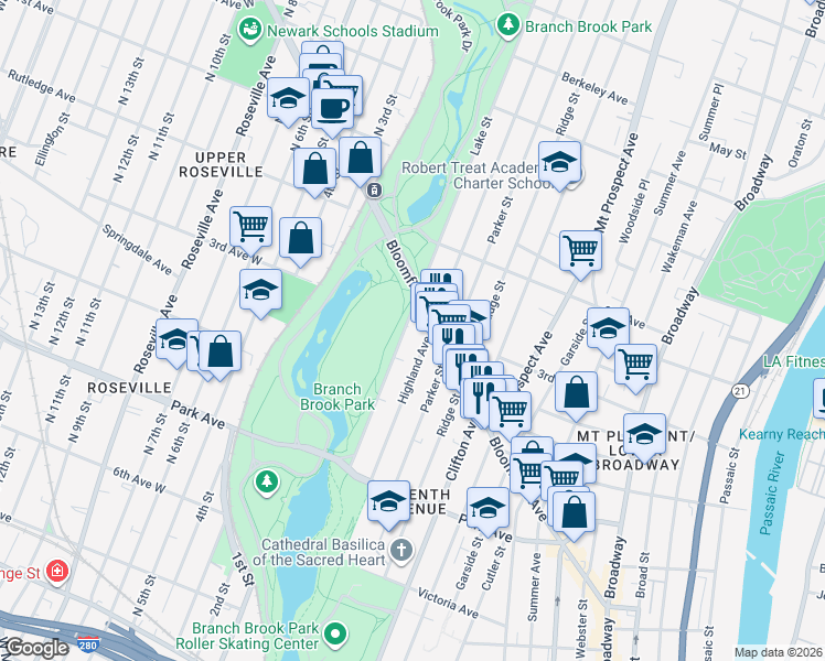 map of restaurants, bars, coffee shops, grocery stores, and more near 136 Highland Avenue in Newark