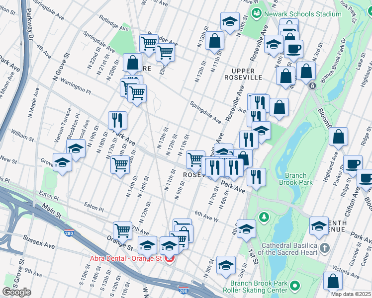 map of restaurants, bars, coffee shops, grocery stores, and more near 147 North 9th Street in Newark