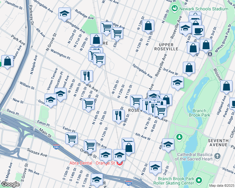 map of restaurants, bars, coffee shops, grocery stores, and more near 159-189 North 13th Street in Newark