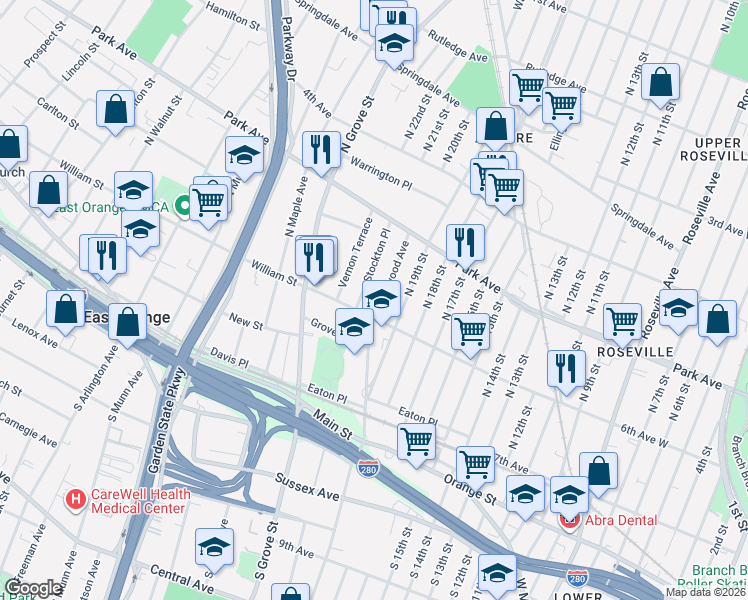 map of restaurants, bars, coffee shops, grocery stores, and more near 136 William Street in East Orange