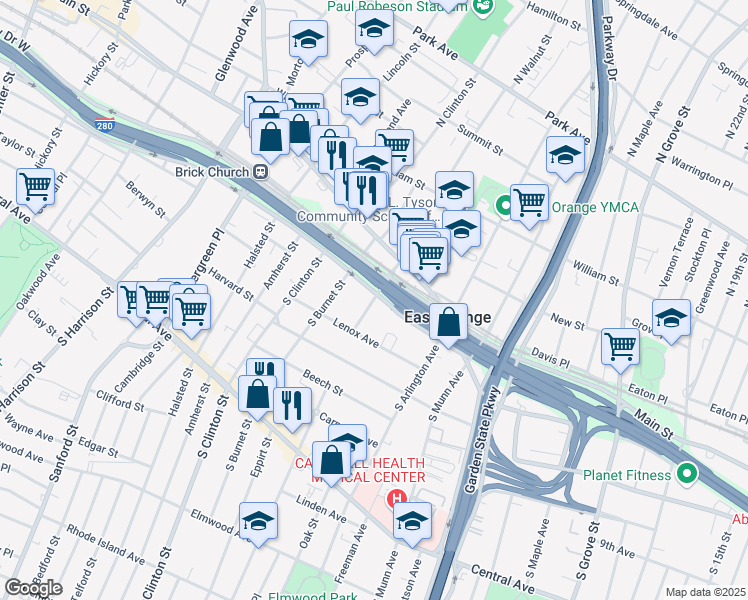 map of restaurants, bars, coffee shops, grocery stores, and more near 30 Lenox Avenue in East Orange