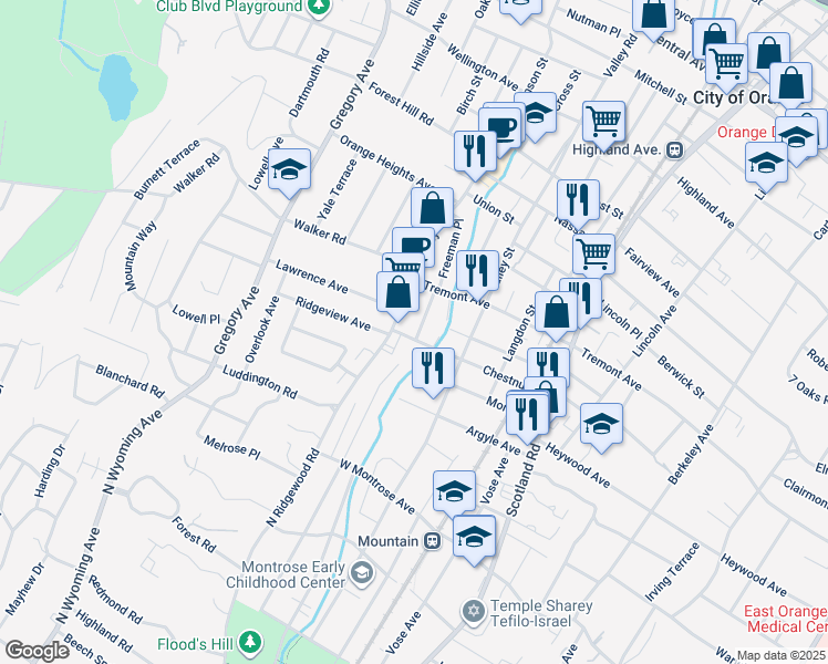 map of restaurants, bars, coffee shops, grocery stores, and more near 24 Meeker Street in West Orange