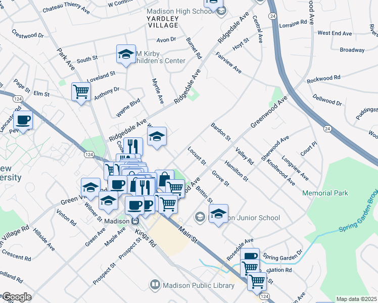 map of restaurants, bars, coffee shops, grocery stores, and more near 7 Locust Street in Madison