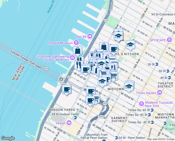 map of restaurants, bars, coffee shops, grocery stores, and more near 620 West 42nd Street in New York