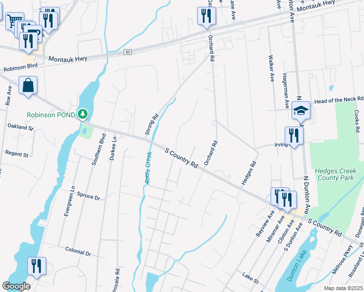 map of restaurants, bars, coffee shops, grocery stores, and more near 441 South Country Road in East Patchogue