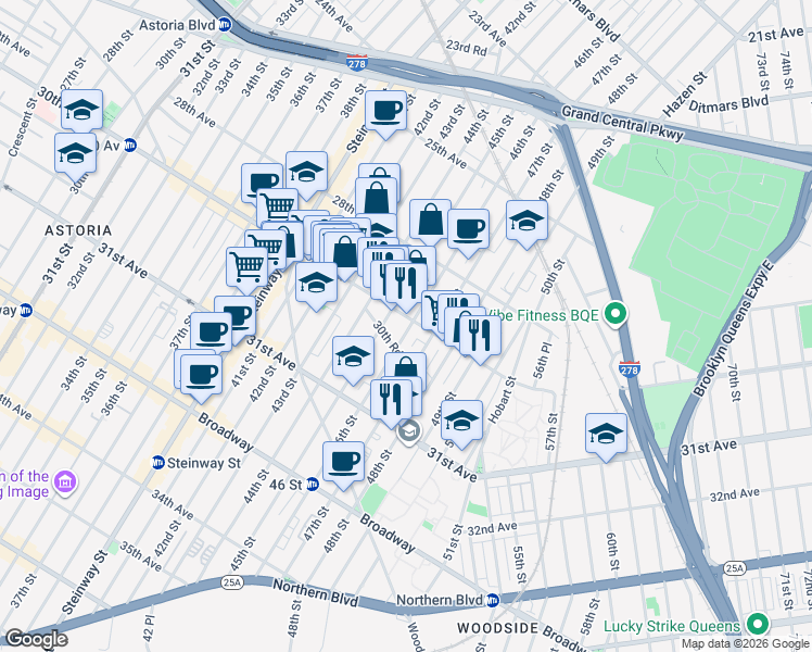 map of restaurants, bars, coffee shops, grocery stores, and more near 30-26 46th Street in Queens