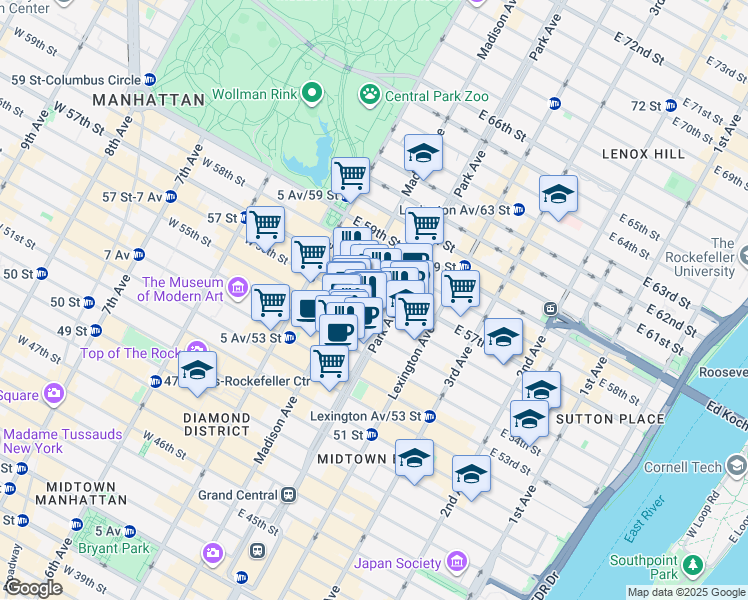 map of restaurants, bars, coffee shops, grocery stores, and more near 432 Park Avenue in New York