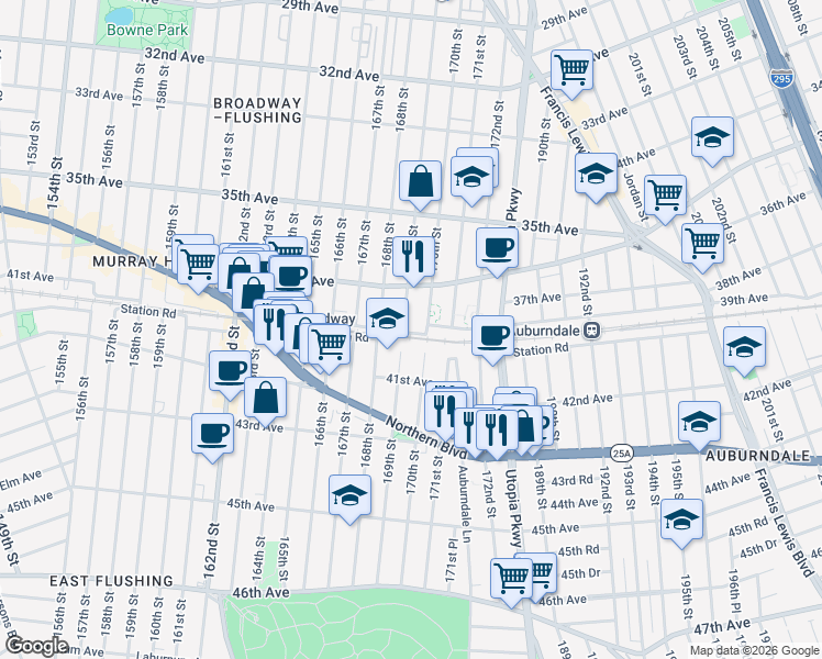map of restaurants, bars, coffee shops, grocery stores, and more near 36-41 169th Street in Queens