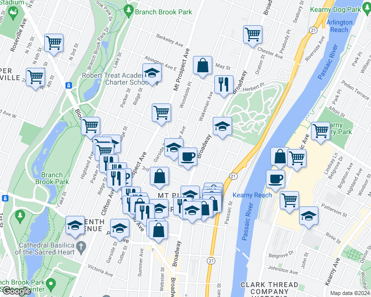 map of restaurants, bars, coffee shops, grocery stores, and more near 298 Broadway in Newark