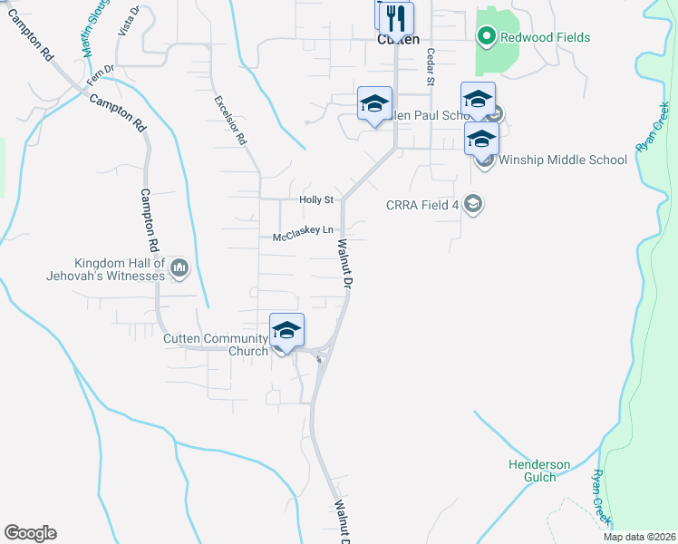 map of restaurants, bars, coffee shops, grocery stores, and more near 2120 Bigham Court in Eureka