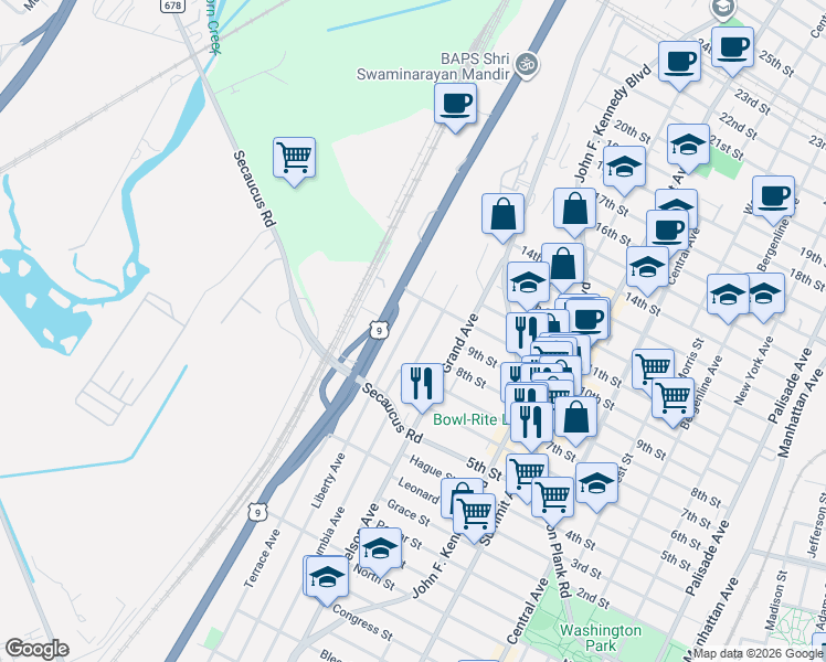 map of restaurants, bars, coffee shops, grocery stores, and more near 716 Liberty Avenue in North Bergen