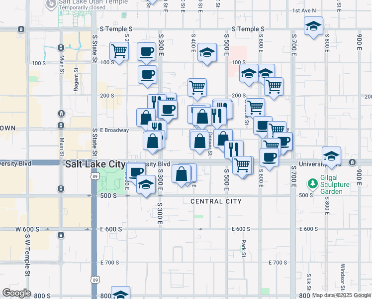 map of restaurants, bars, coffee shops, grocery stores, and more near 350 South 400 East in Salt Lake City