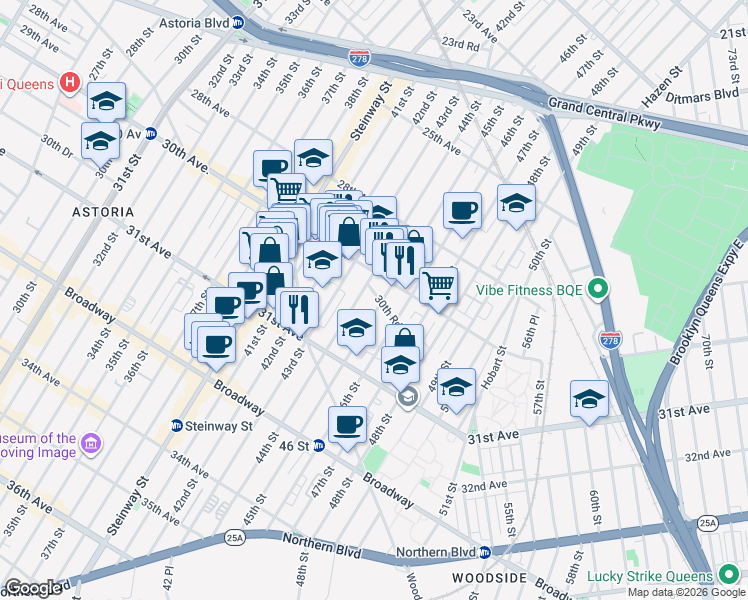 map of restaurants, bars, coffee shops, grocery stores, and more near 44-18 30th Road in Queens