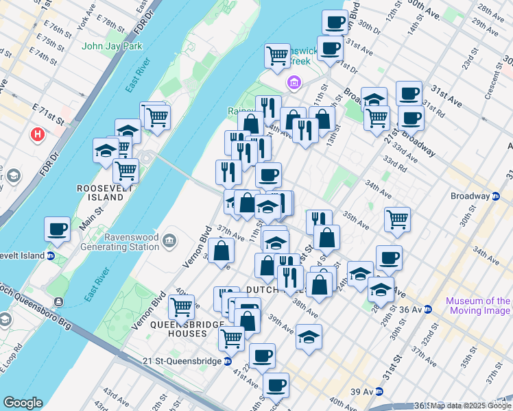 map of restaurants, bars, coffee shops, grocery stores, and more near 36-15 10th Street in Queens