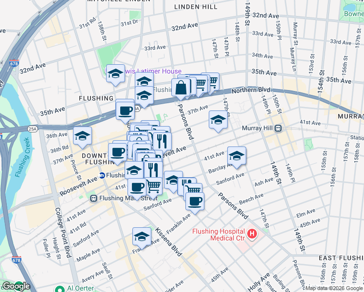 map of restaurants, bars, coffee shops, grocery stores, and more near 143-40 Roosevelt Avenue in Queens
