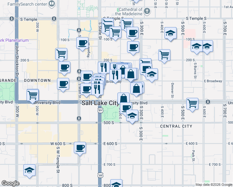 map of restaurants, bars, coffee shops, grocery stores, and more near 350 South 200 East in Salt Lake City
