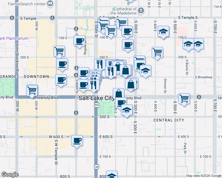 map of restaurants, bars, coffee shops, grocery stores, and more near 350 South 200 East in Salt Lake City