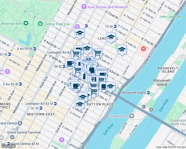 map of restaurants, bars, coffee shops, grocery stores, and more near 306 East 61st Street in New York