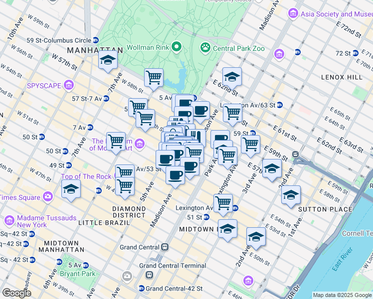 map of restaurants, bars, coffee shops, grocery stores, and more near 550 Madison Avenue in New York