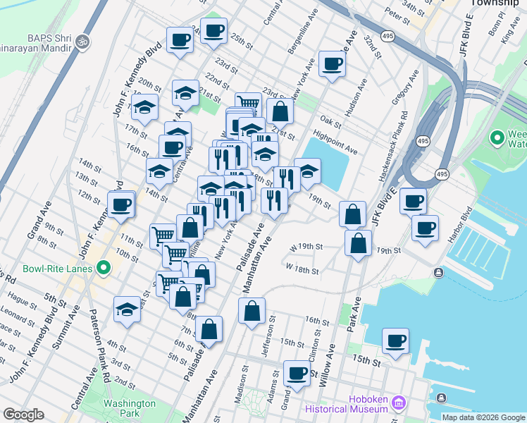 map of restaurants, bars, coffee shops, grocery stores, and more near 308 15th Street in Union City