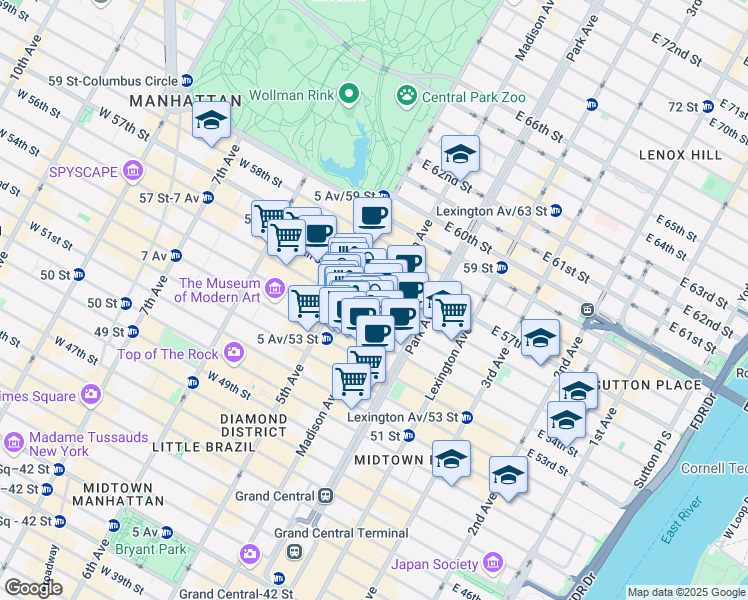 map of restaurants, bars, coffee shops, grocery stores, and more near 550 Madison Avenue in New York