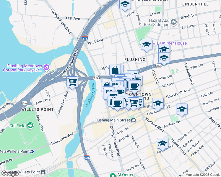 map of restaurants, bars, coffee shops, grocery stores, and more near 133-20 36th Road in Queens