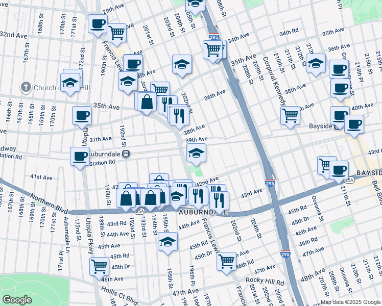 map of restaurants, bars, coffee shops, grocery stores, and more near in Queens
