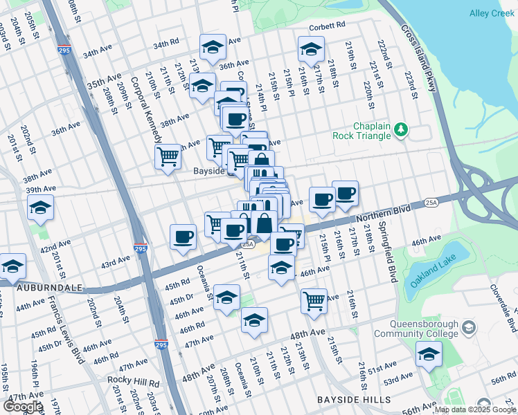 map of restaurants, bars, coffee shops, grocery stores, and more near 43-6 Bell Boulevard in Queens