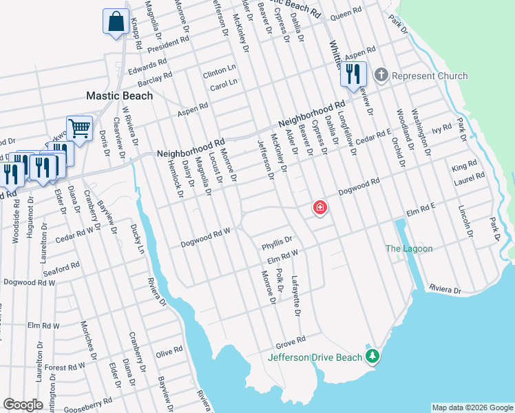 map of restaurants, bars, coffee shops, grocery stores, and more near 163 Dogwood Road in Mastic Beach