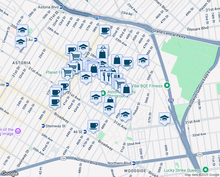 map of restaurants, bars, coffee shops, grocery stores, and more near 30-26 46th Street in Queens