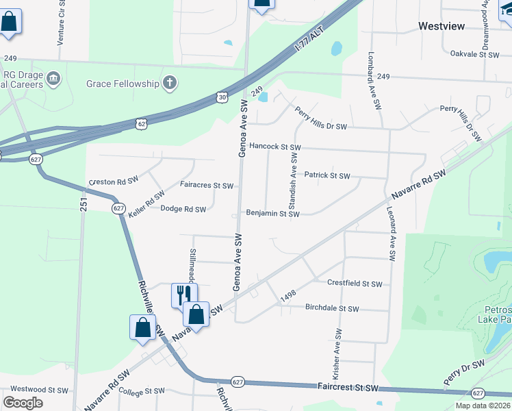 map of restaurants, bars, coffee shops, grocery stores, and more near 5998 Benjamin Street Southwest in Canton