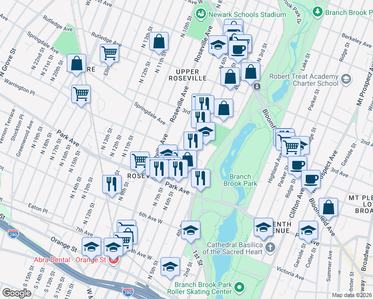 map of restaurants, bars, coffee shops, grocery stores, and more near 361 North 6th Street in Newark
