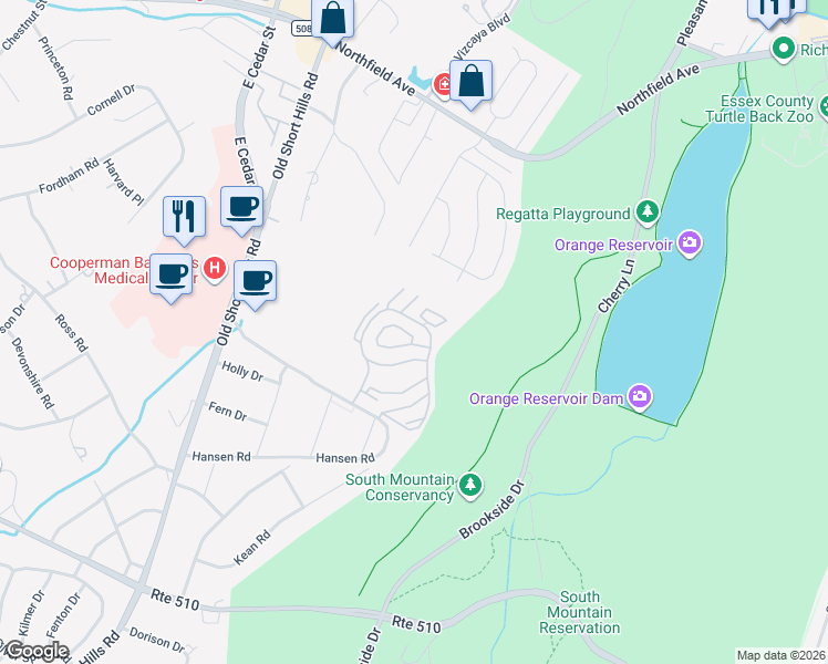 map of restaurants, bars, coffee shops, grocery stores, and more near 29 Larkin Circle in West Orange
