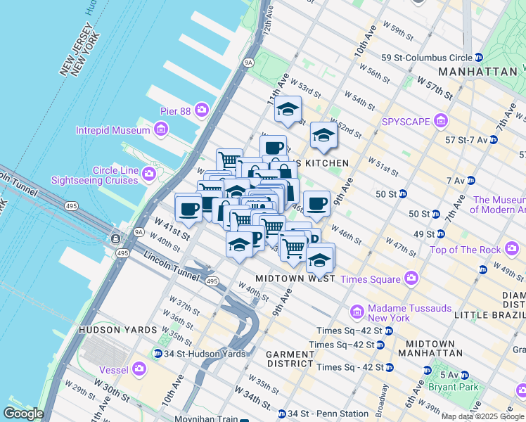 map of restaurants, bars, coffee shops, grocery stores, and more near 500 West 45th Street in New York