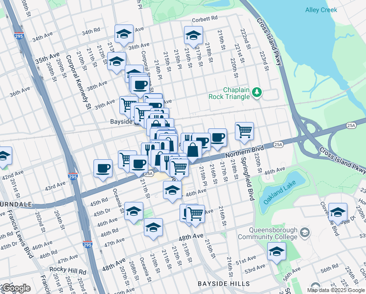 map of restaurants, bars, coffee shops, grocery stores, and more near 43-21 214th Place in Queens