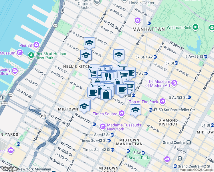 map of restaurants, bars, coffee shops, grocery stores, and more near 315 West 47th Street in New York