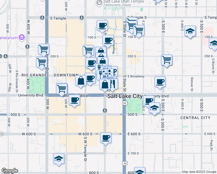map of restaurants, bars, coffee shops, grocery stores, and more near 9 Exchange Place in Salt Lake City