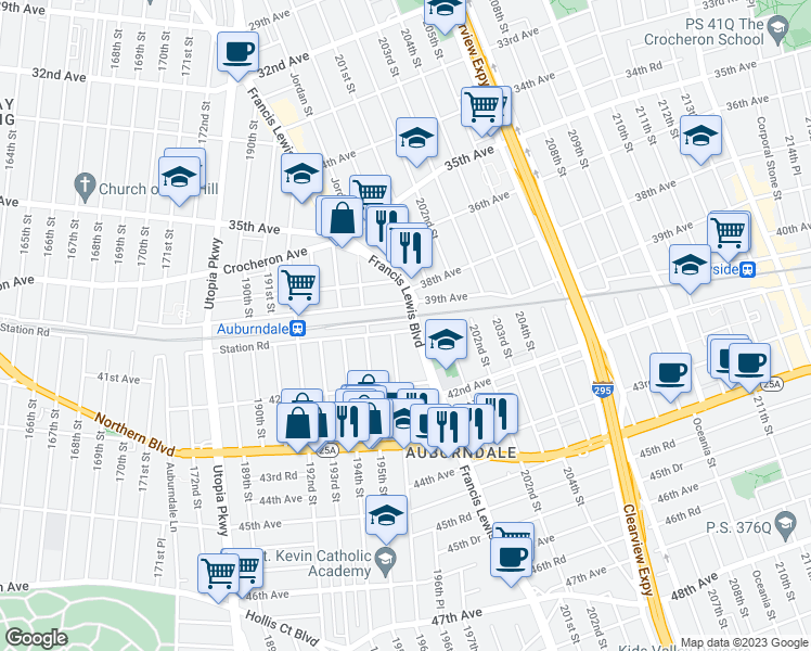 map of restaurants, bars, coffee shops, grocery stores, and more near 196-17 Station Road in Queens