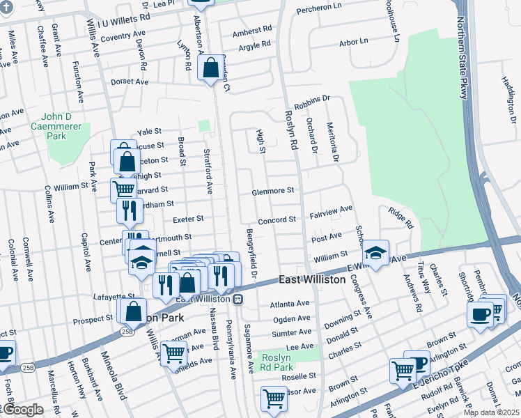 map of restaurants, bars, coffee shops, grocery stores, and more near 179 Concord Street in East Williston