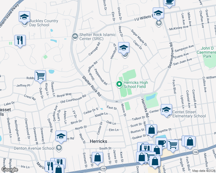 map of restaurants, bars, coffee shops, grocery stores, and more near 11 Hamilton Drive in Roslyn
