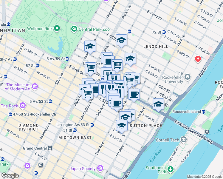 map of restaurants, bars, coffee shops, grocery stores, and more near 3rd Ave & E 59th St in New York