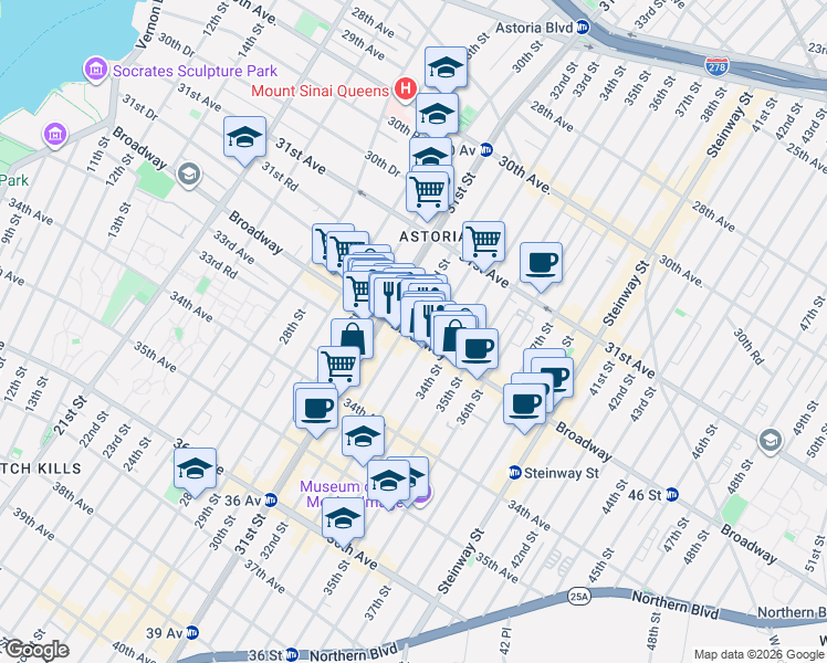 map of restaurants, bars, coffee shops, grocery stores, and more near 32-14 33rd Street in Queens