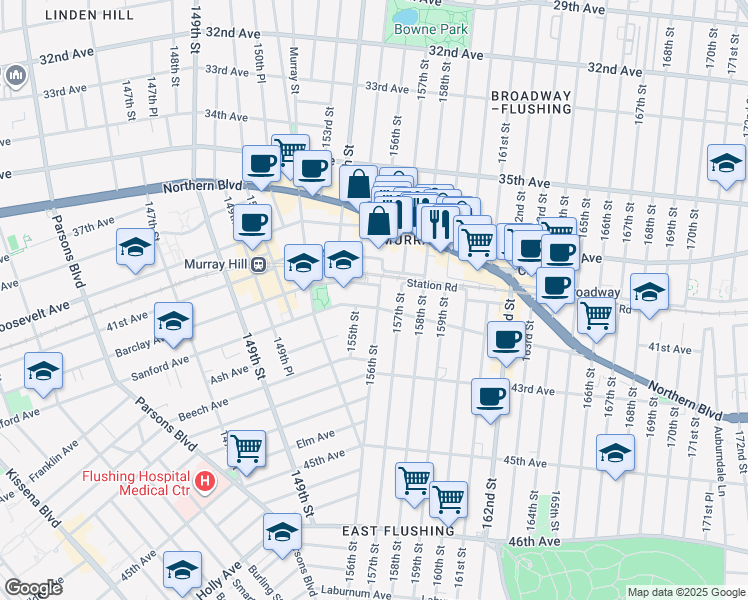 map of restaurants, bars, coffee shops, grocery stores, and more near 156-12 Sanford Avenue in Queens