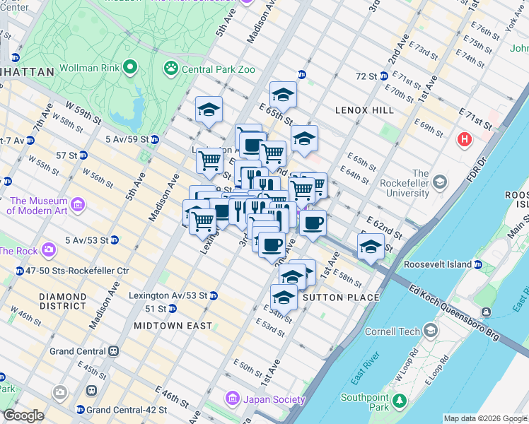 map of restaurants, bars, coffee shops, grocery stores, and more near 969 3rd Avenue in New York