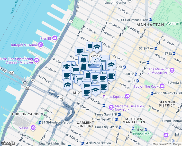 map of restaurants, bars, coffee shops, grocery stores, and more near 421 West 45th Street in New York
