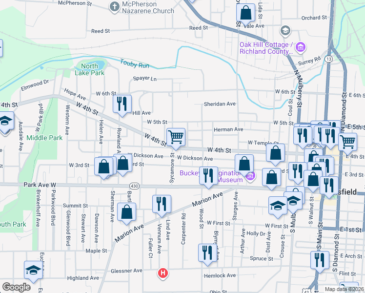 map of restaurants, bars, coffee shops, grocery stores, and more near in Mansfield